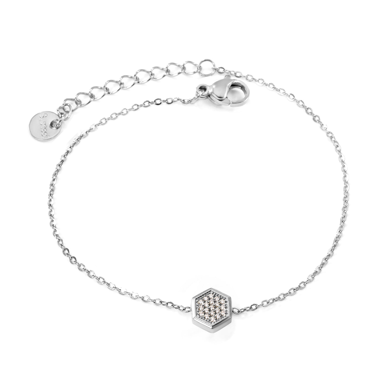 7.8 x 8.6mm raised edge hexagonal CNC white zirconium 0.3 cross chain bracelet 18+3cm+6mm round pendant Steel color/Gold color asonjewelry